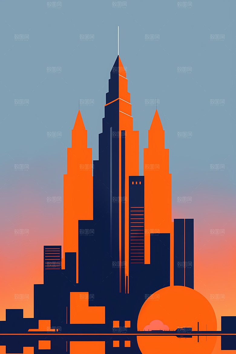 城市楼房美式插画