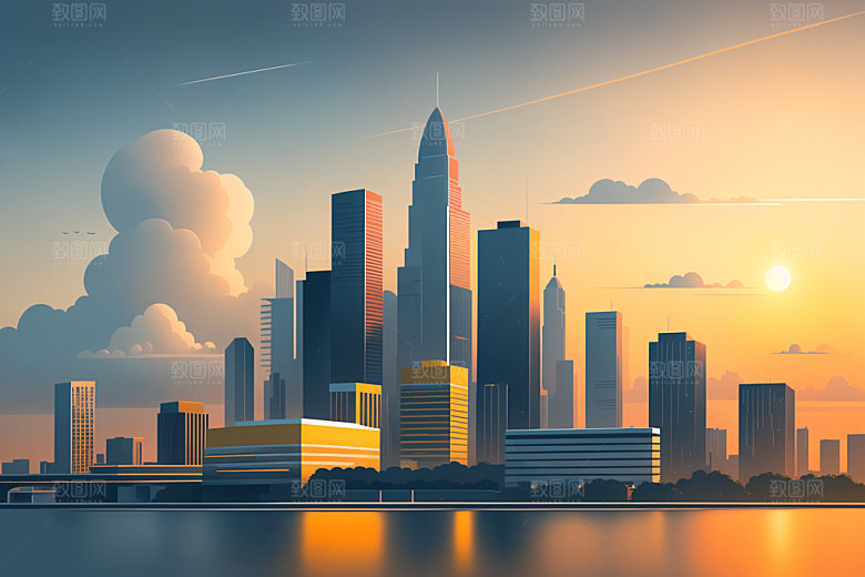城市地标美式插画