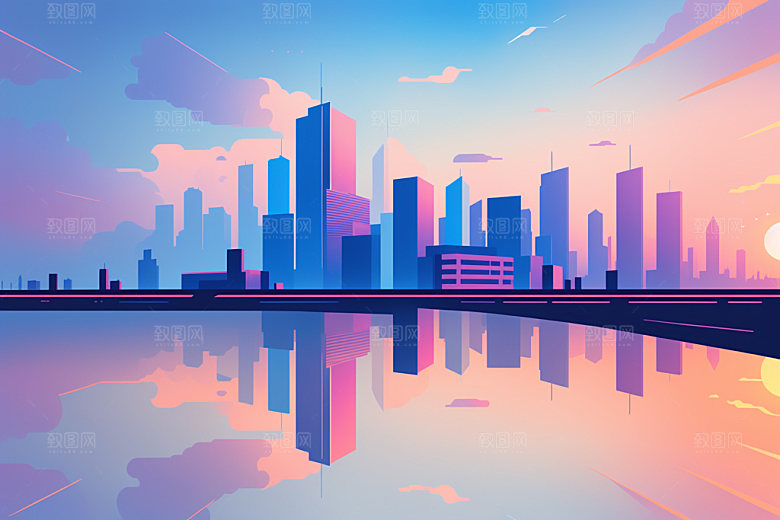 城市大厦美式插画