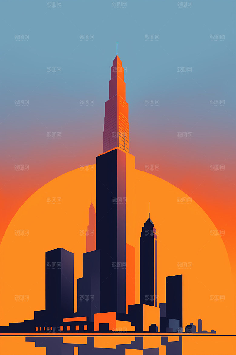 城市地标美式插画