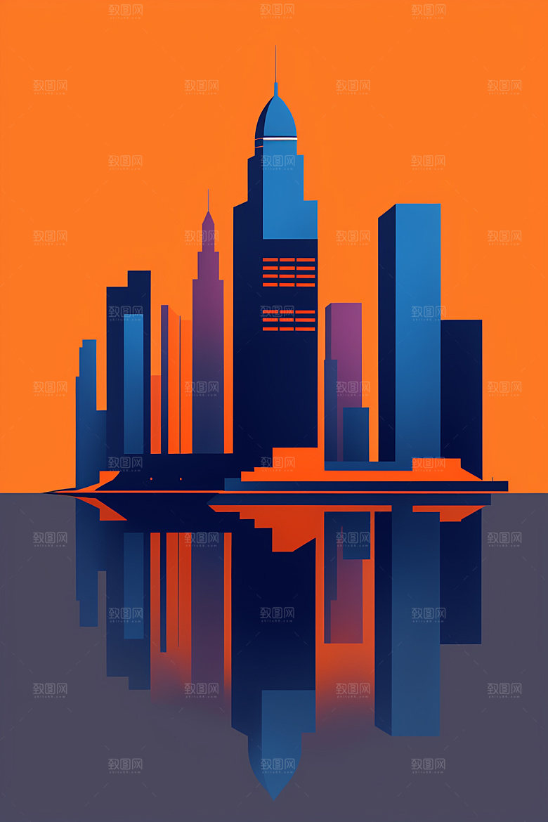 城市摩天大楼美式插画