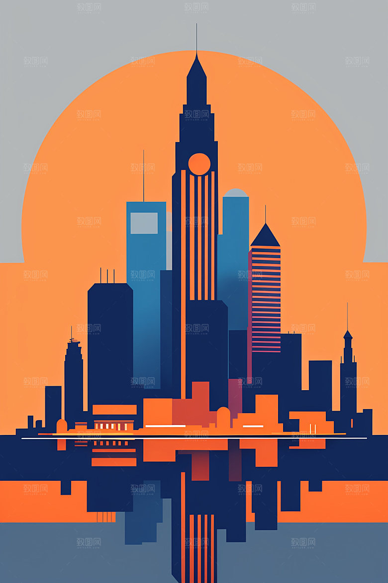 城市扁平风地标插画