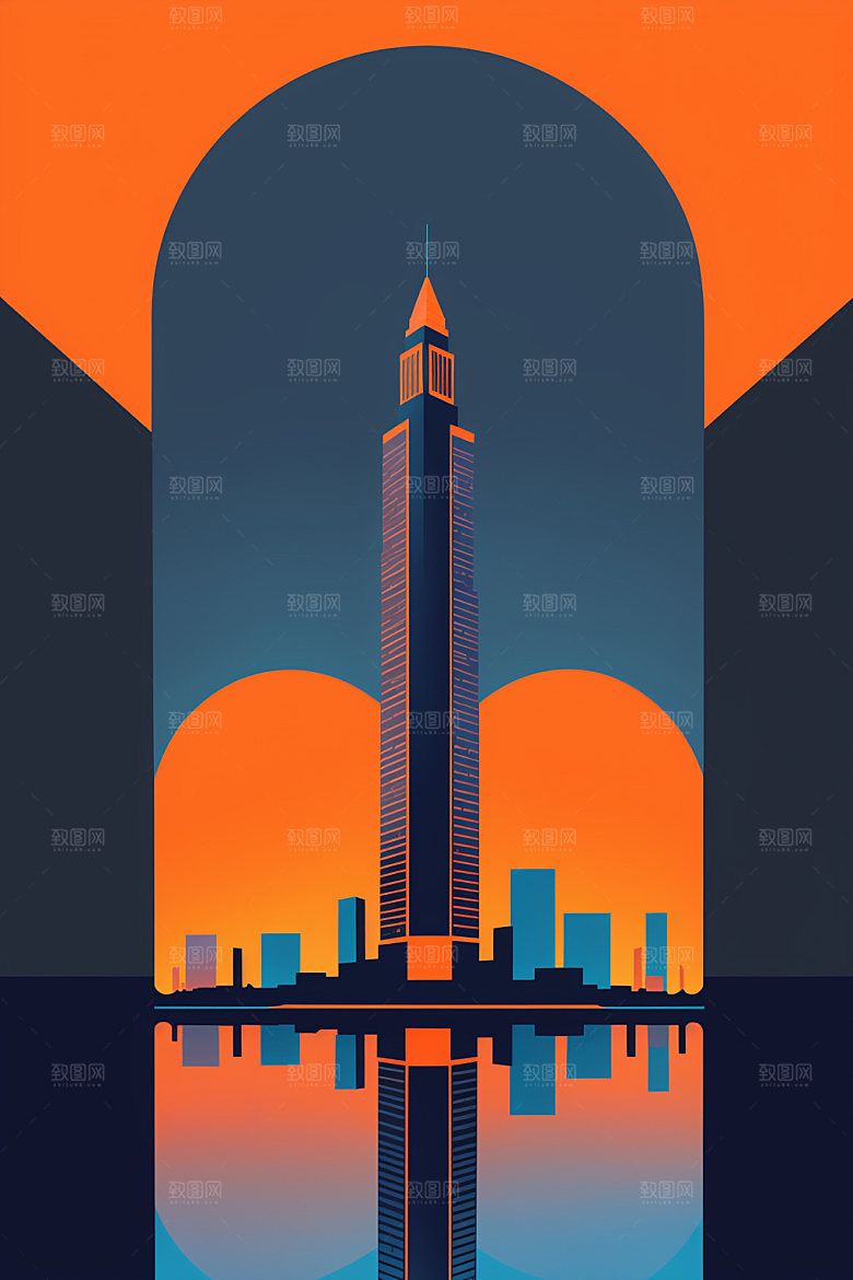 城市摩天大楼美式插画