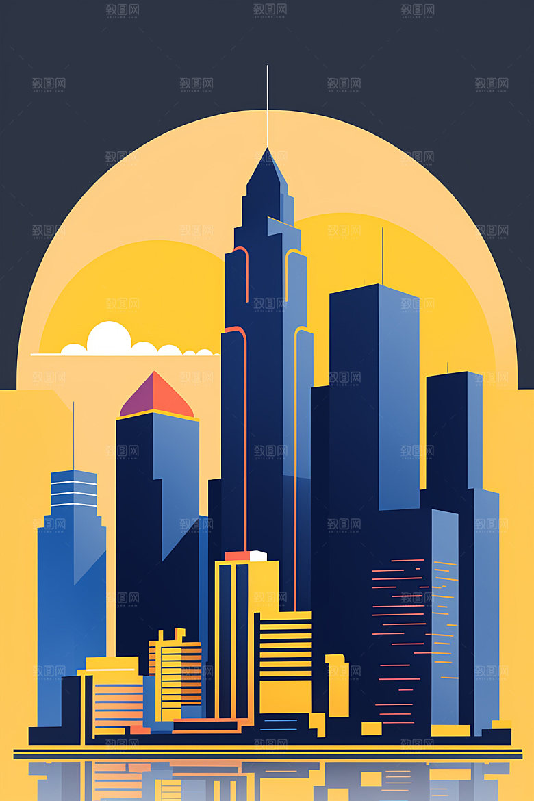 城市美式大厦插画