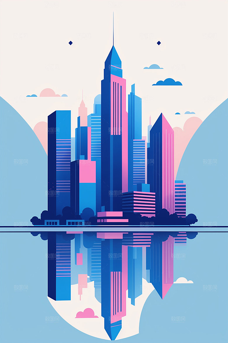 城市地标美式插画
