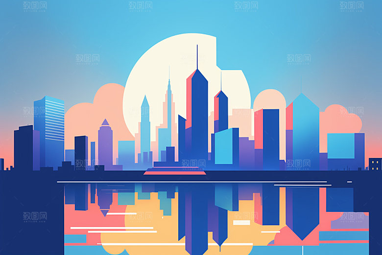 城市扁平风大厦插画
