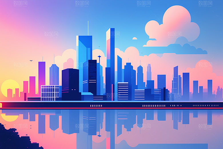 城市地标美式插画