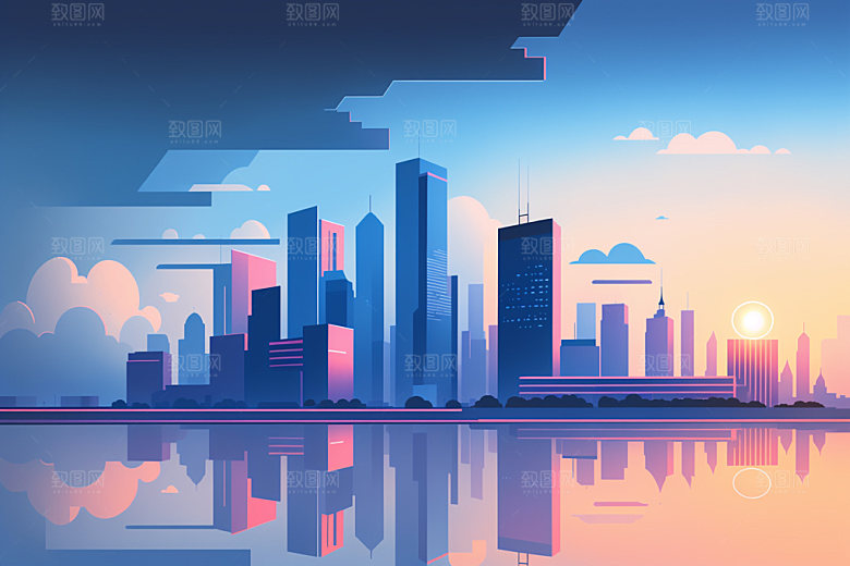 城市扁平风大厦插画