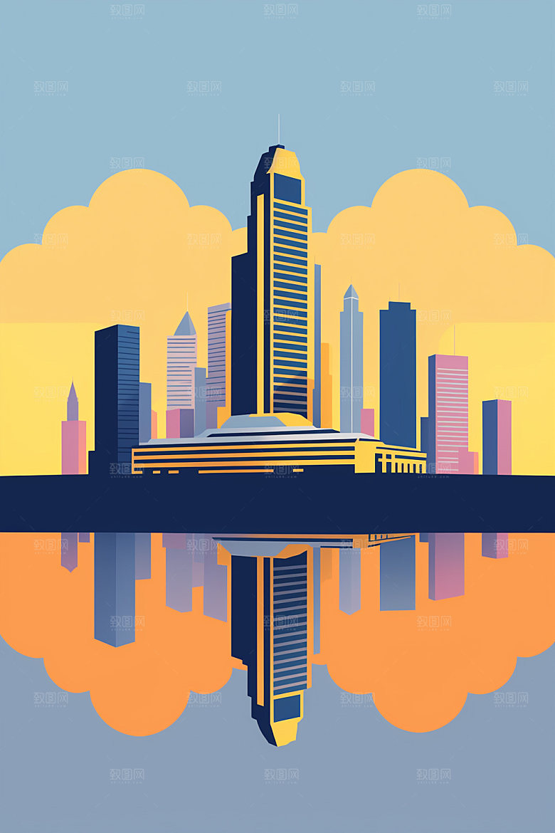 城市大厦美式插画