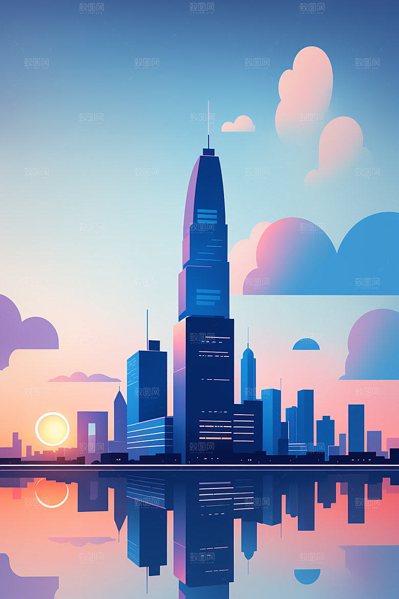 城市扁平风美式插画