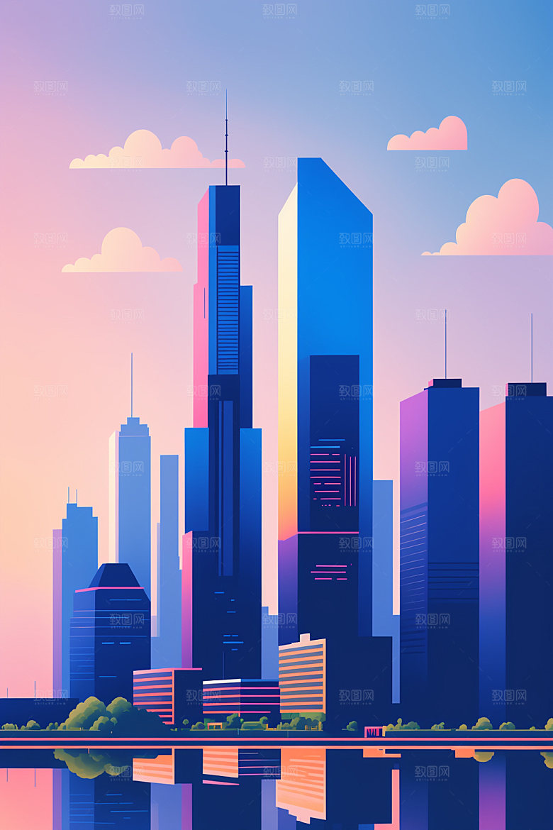 城市楼房美式插画