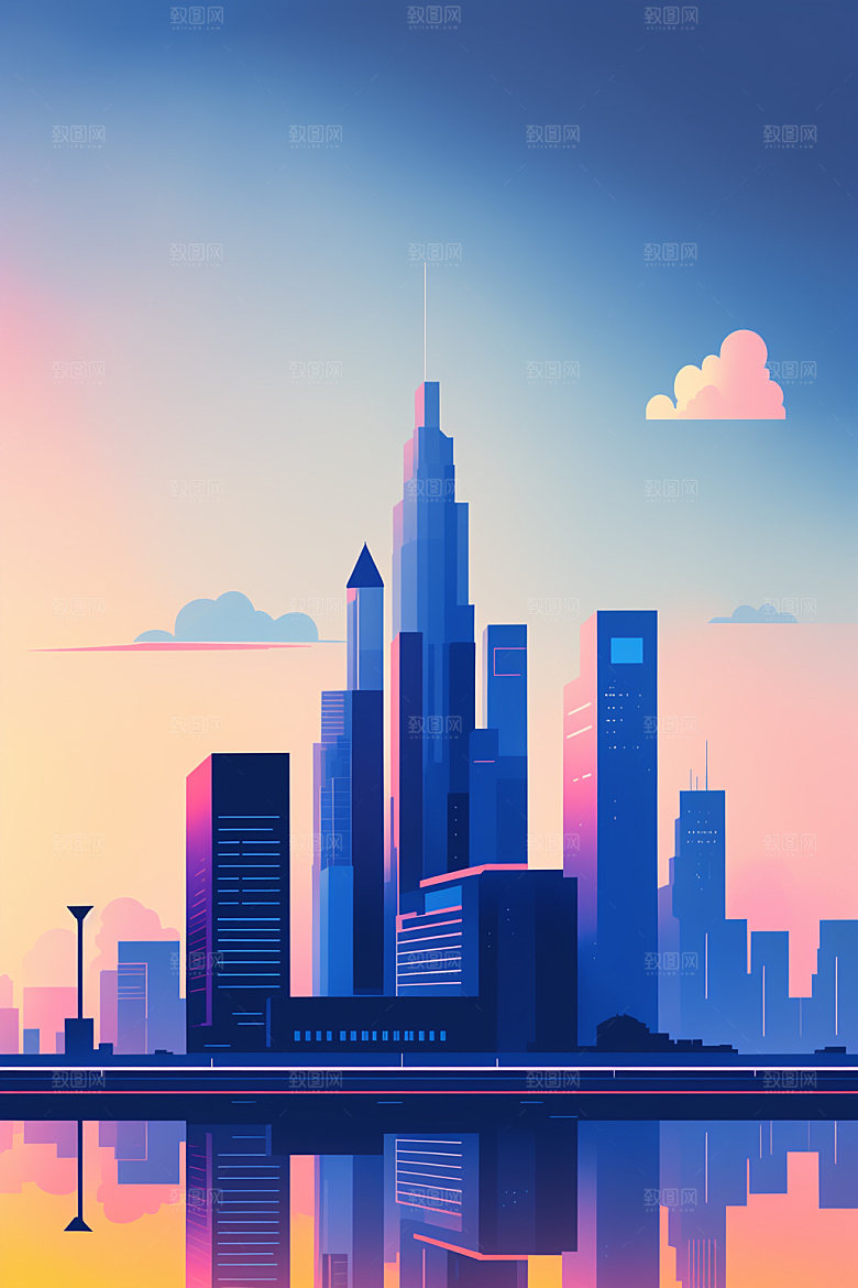 城市摩天大楼美式插画
