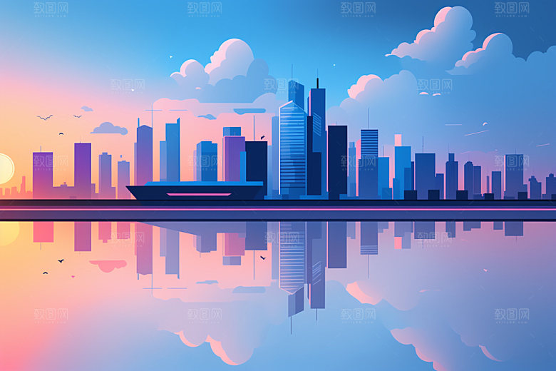 城市摩天大楼美式插画