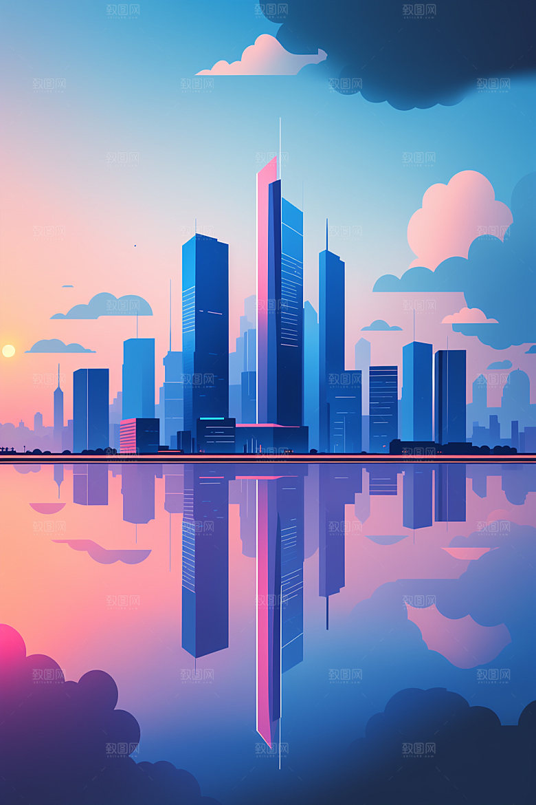 城市地标美式插画
