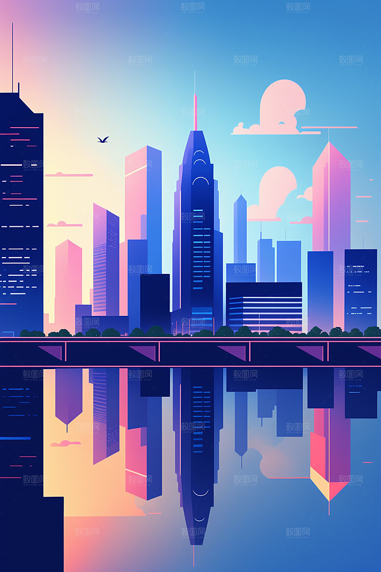 城市楼房美式插画