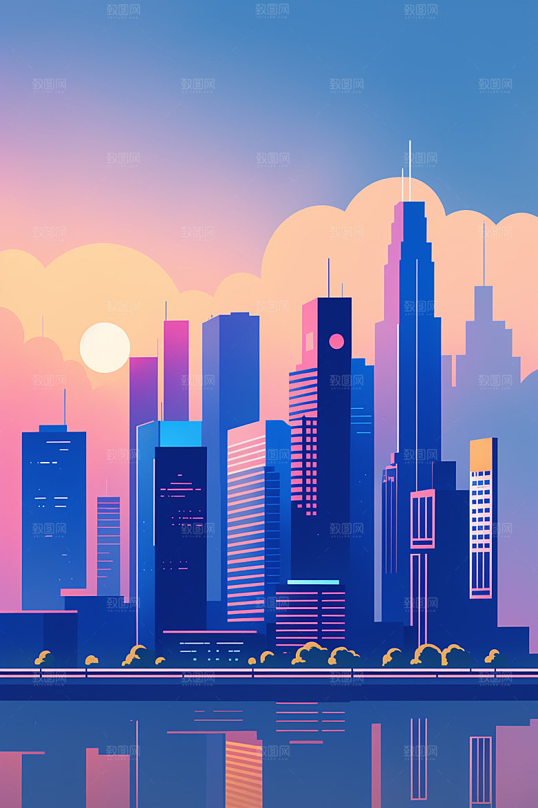 城市楼房美式插画