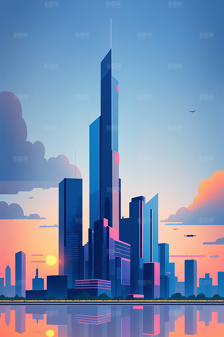 城市楼房地标插画