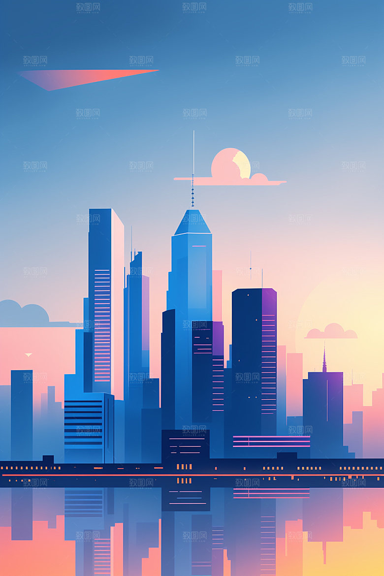 城市美式摩天大楼插画