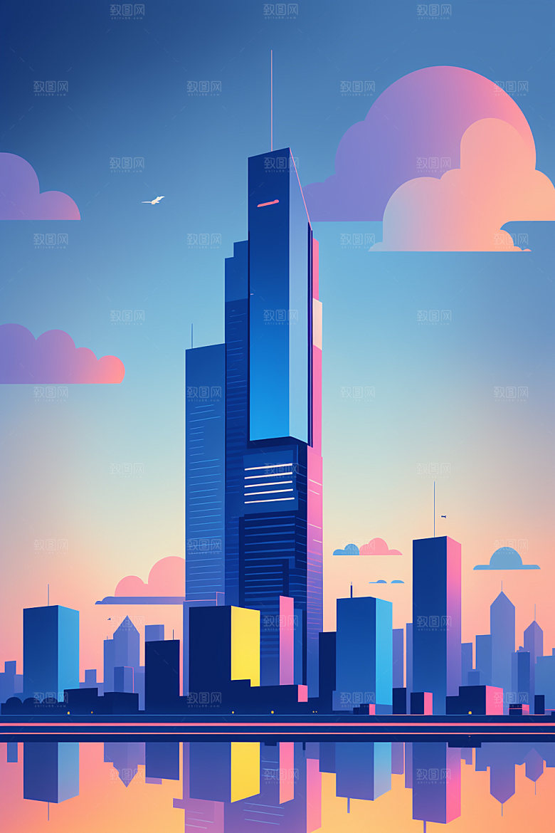 城市扁平风美式插画