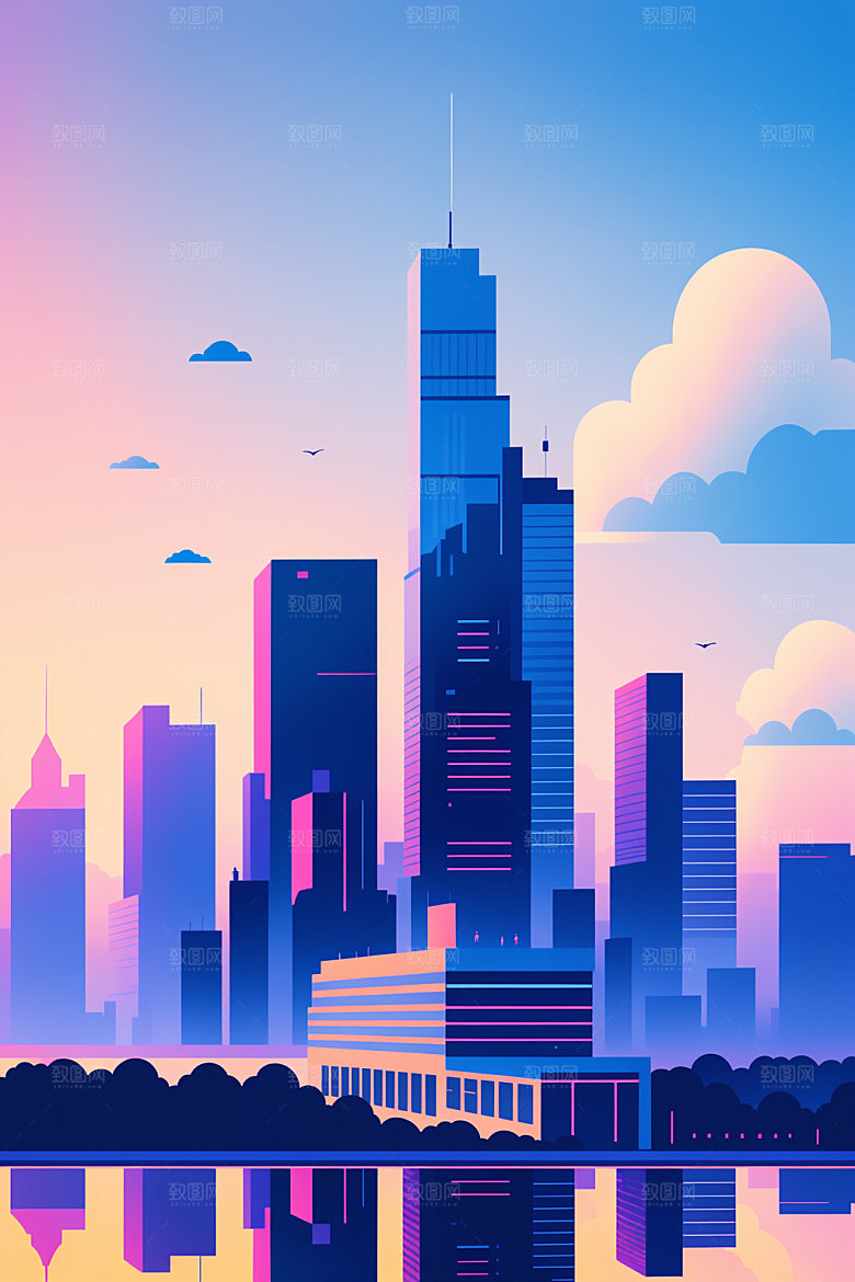 城市地标美式插画