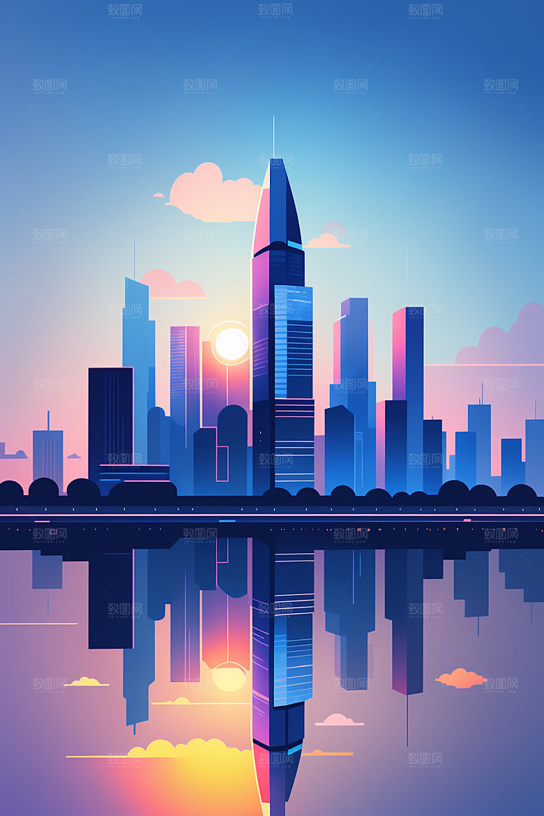 城市美式摩天大楼插画
