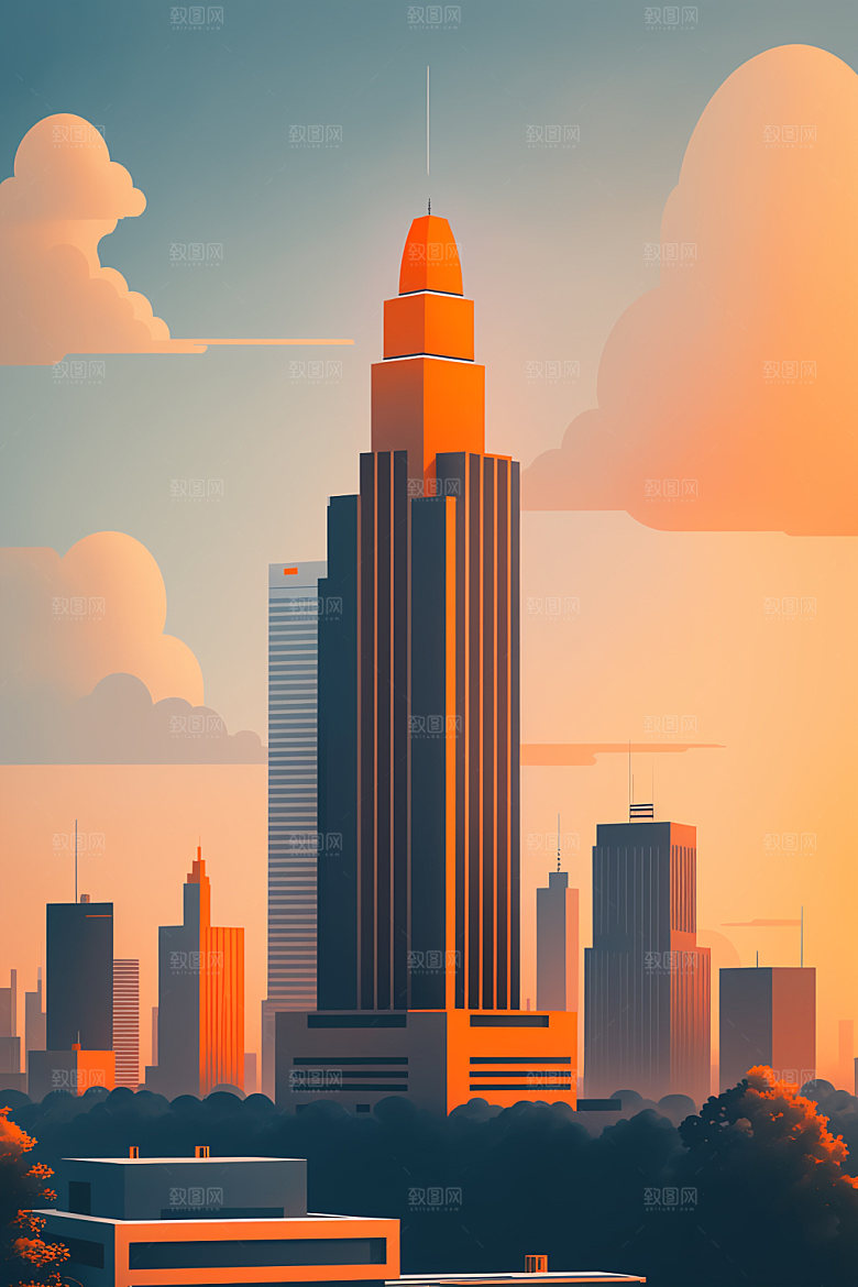 城市摩天大楼美式插画
