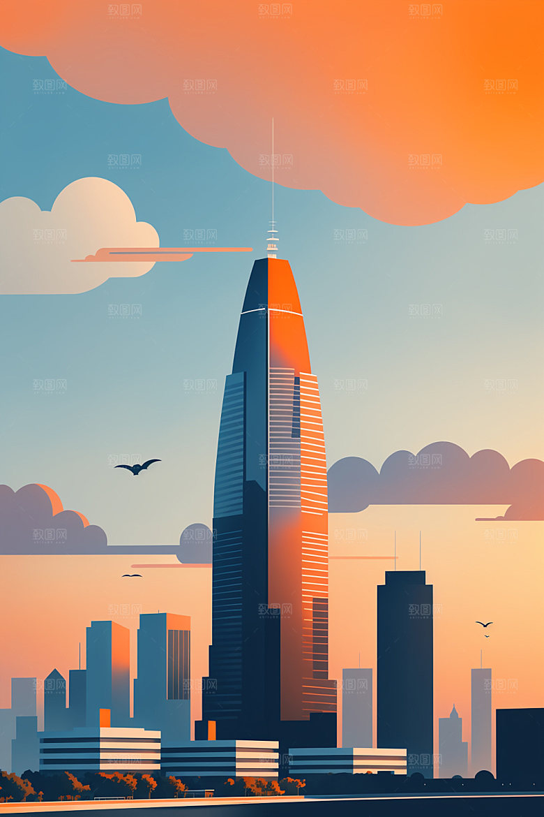 城市地标楼房插画