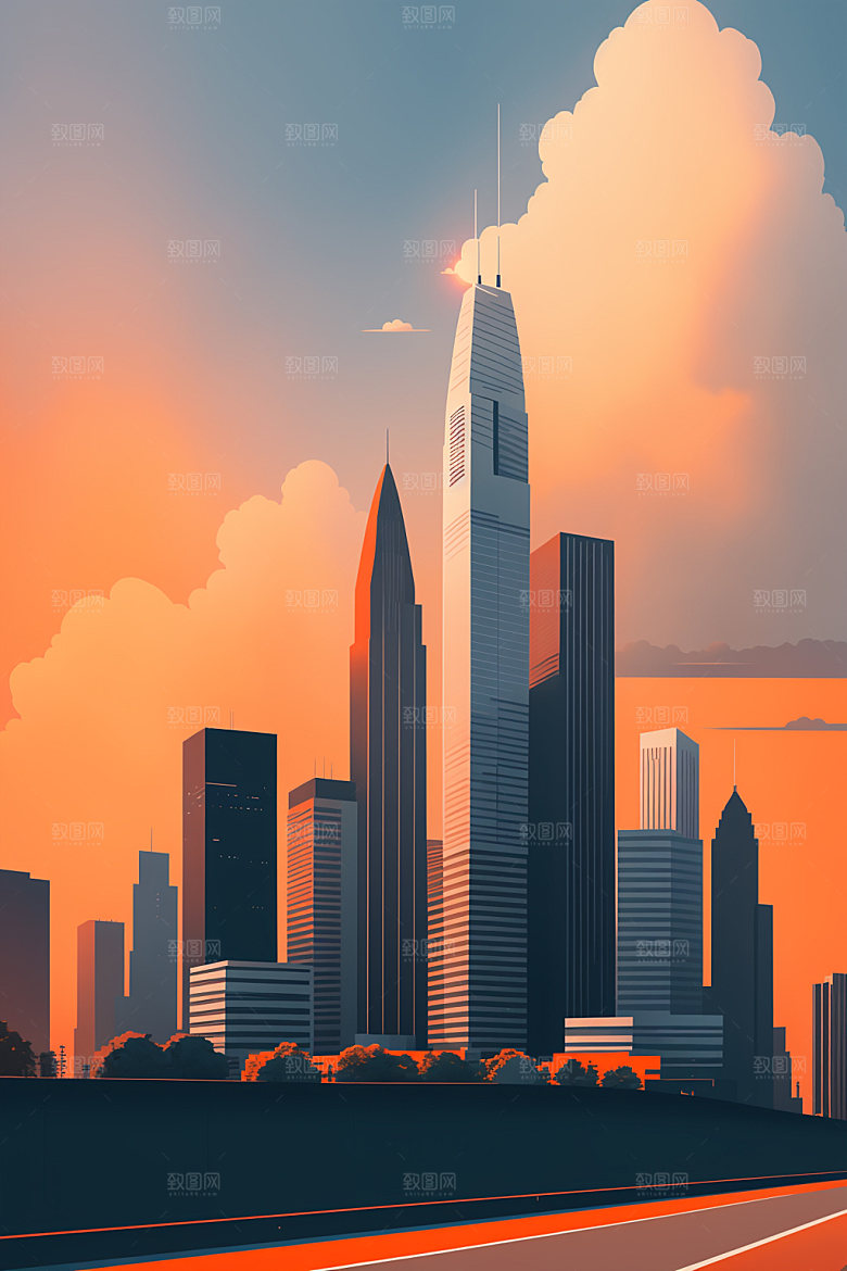 城市大厦美式插画