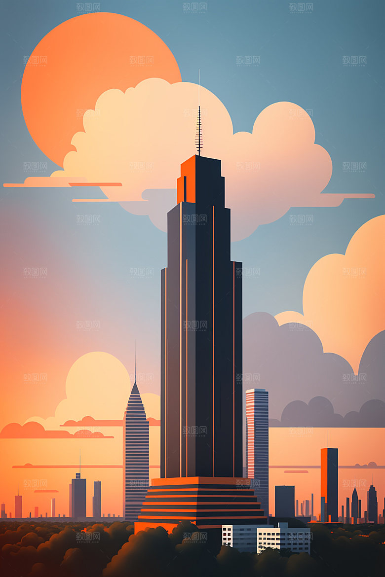 城市扁平风大厦插画