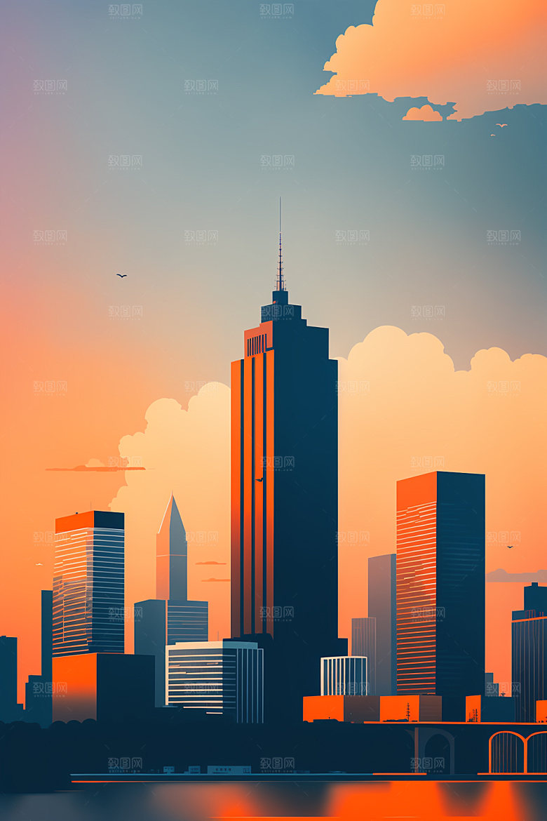 城市楼房美式插画