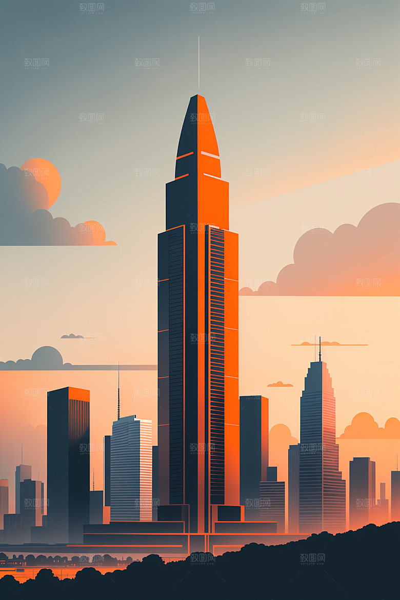 城市地标美式插画