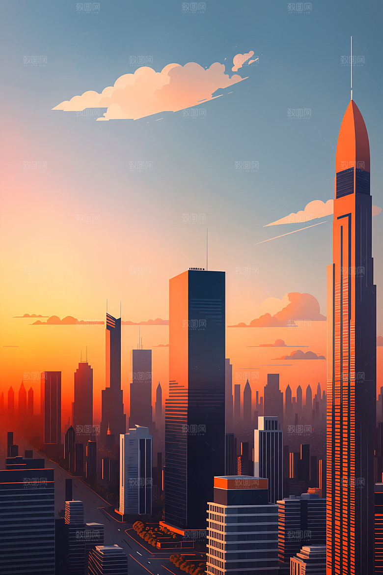城市美式摩天大楼插画