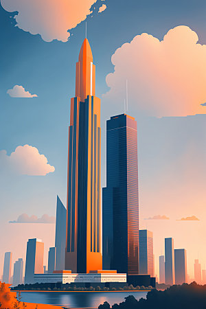 城市美式楼房插画