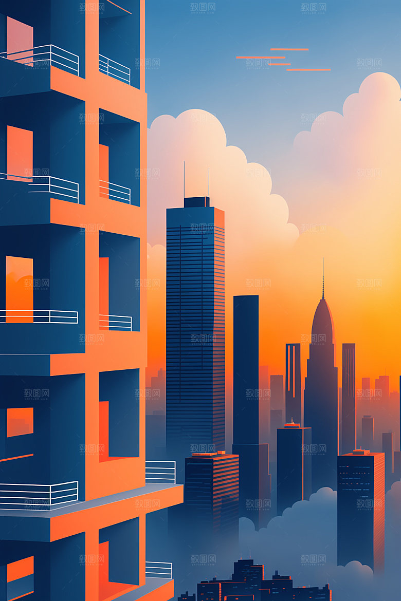 城市楼房美式插画