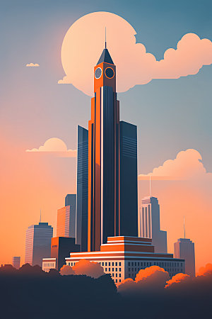 城市地标楼房插画