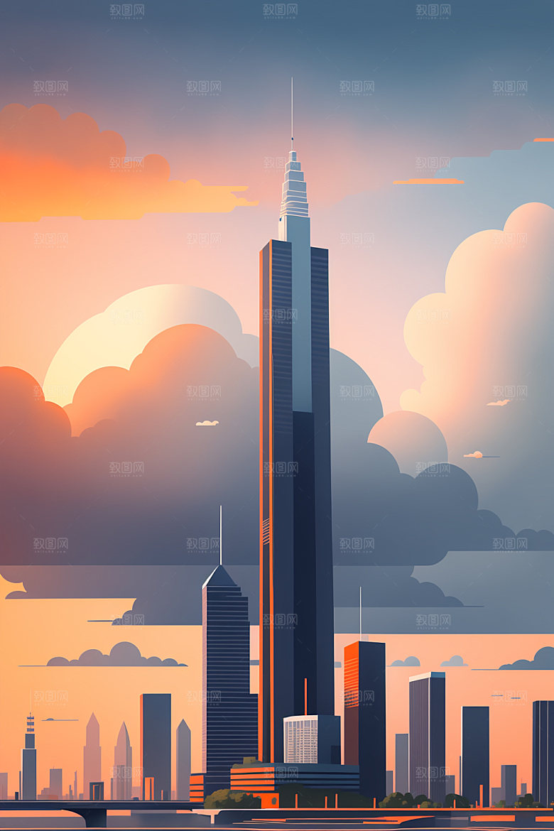 城市美式楼房插画