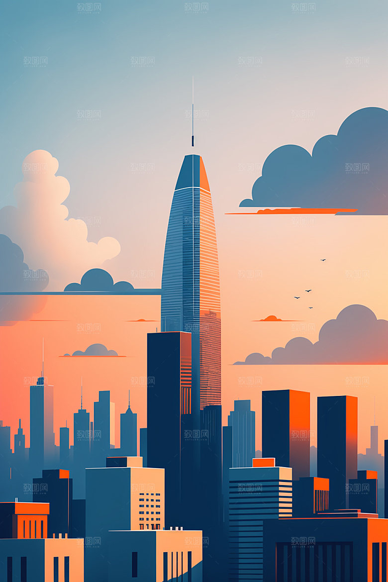 城市美式楼房插画