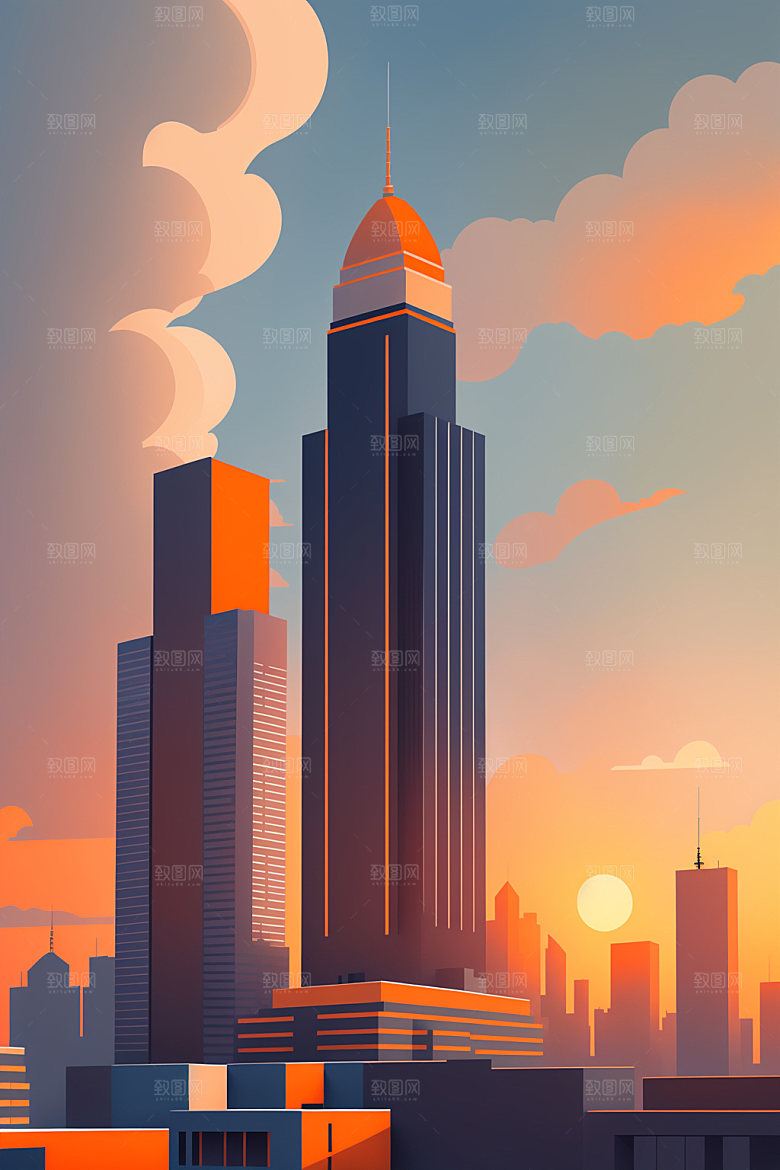 城市地标楼房插画