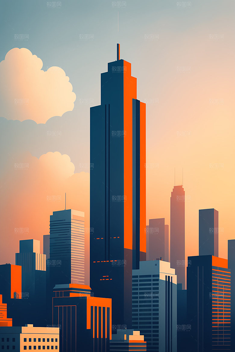 城市楼房美式插画