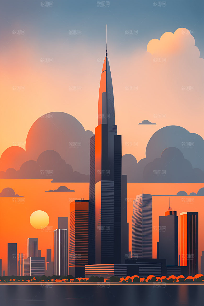 城市摩天大楼美式插画
