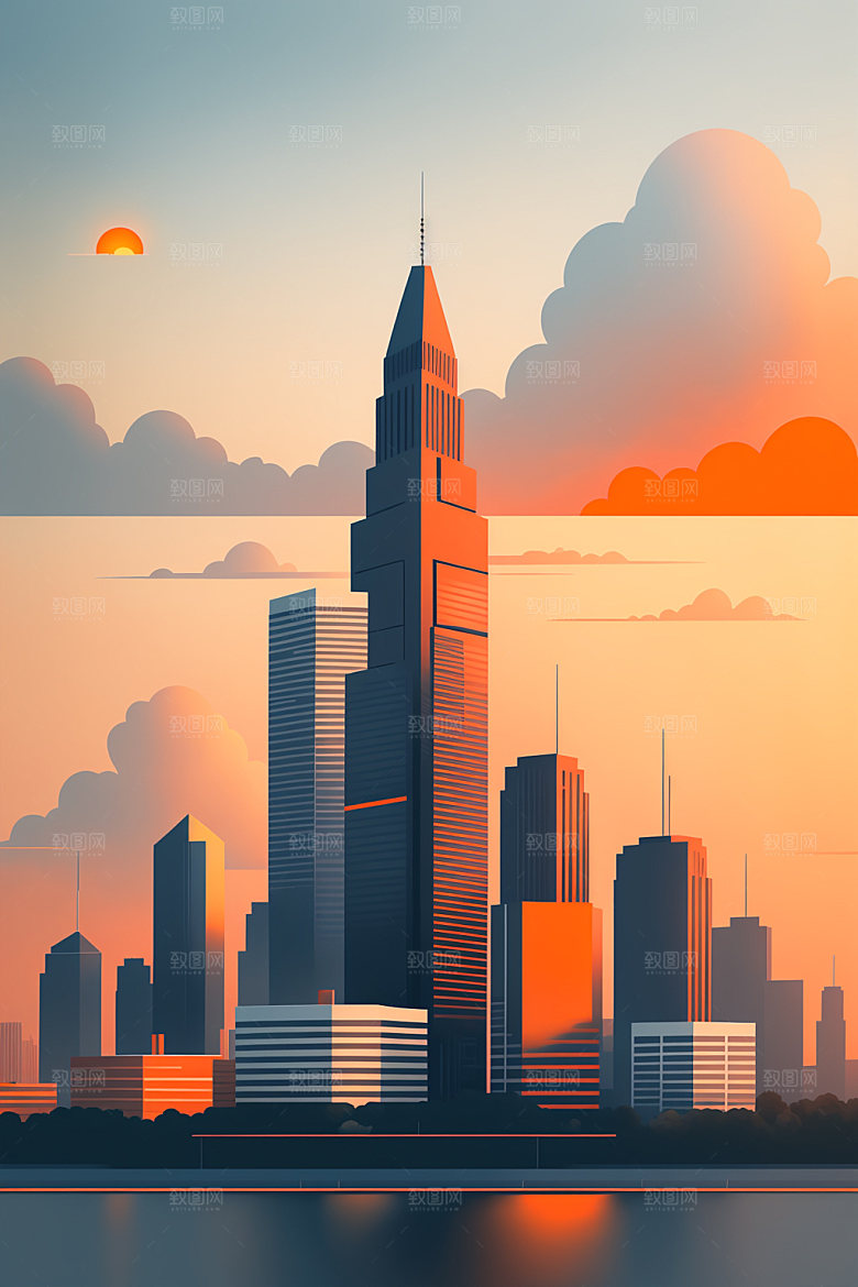 城市楼房扁平风插画