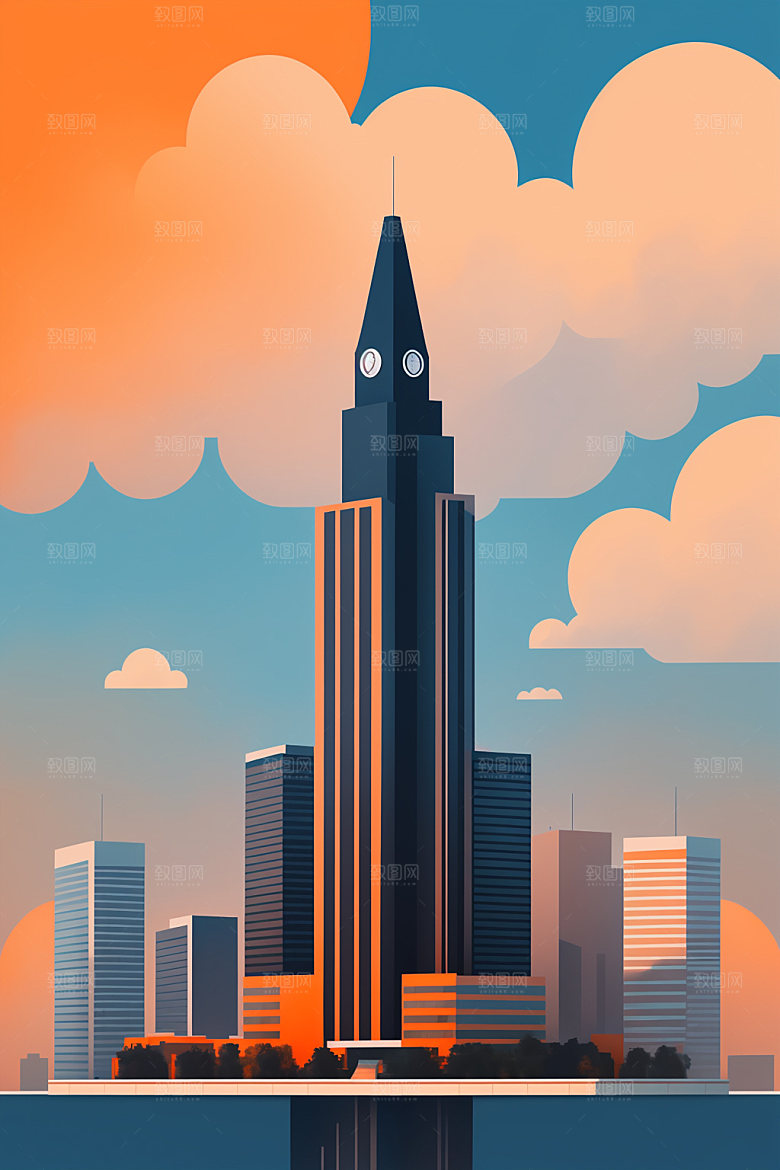 城市大厦美式插画