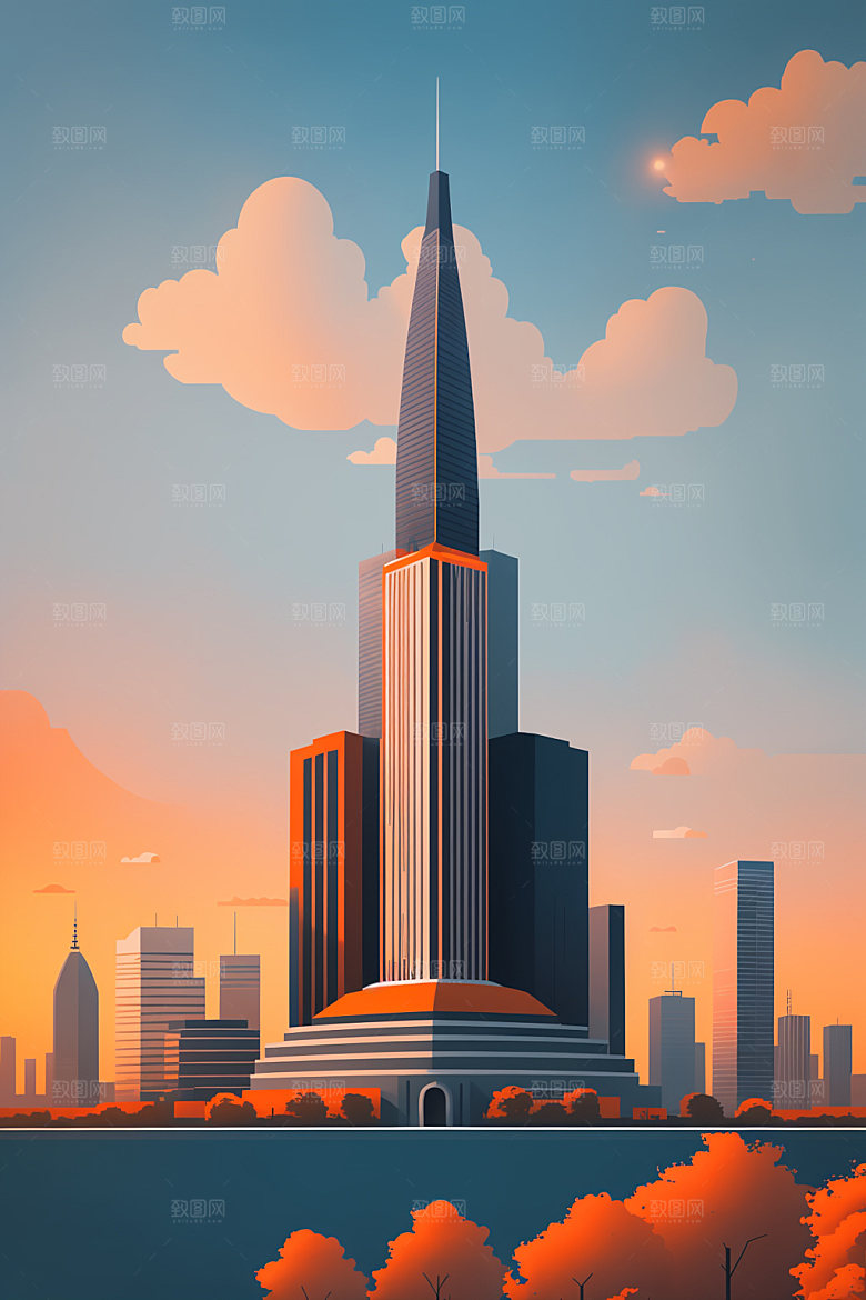 城市楼房扁平风插画