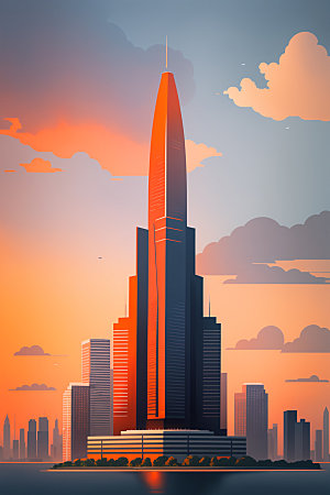 城市摩天大楼地标插画