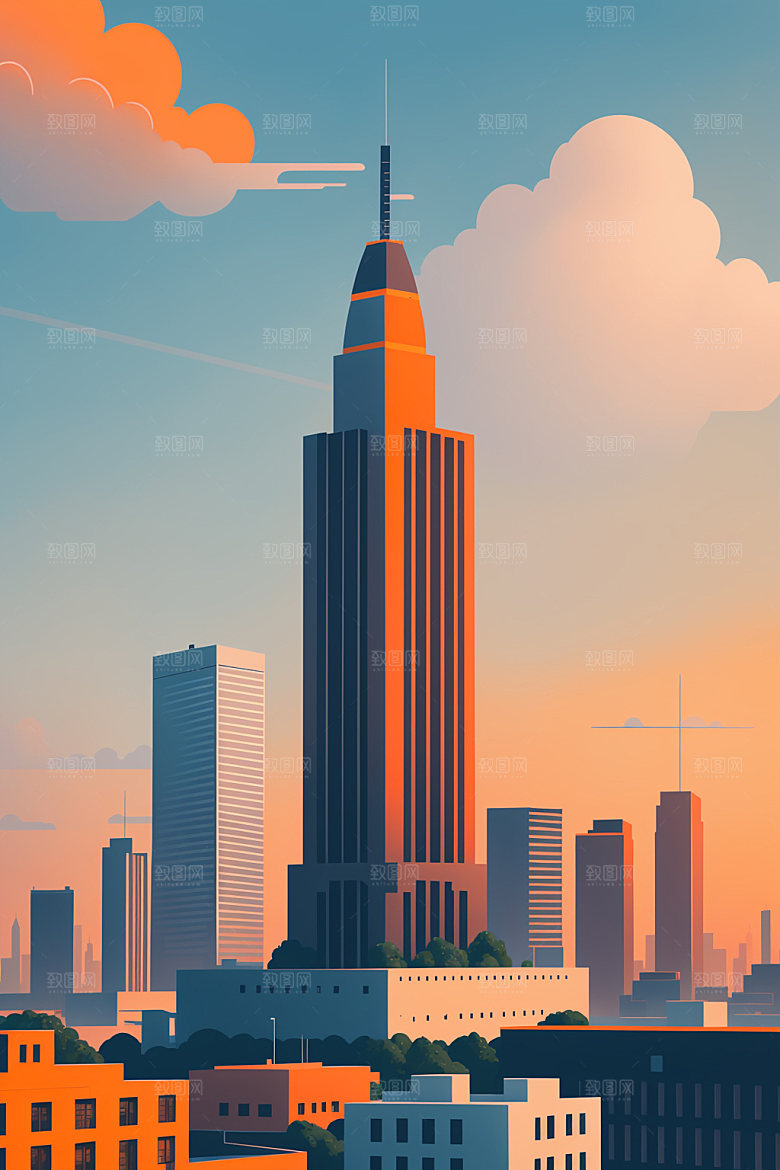 城市美式楼房插画
