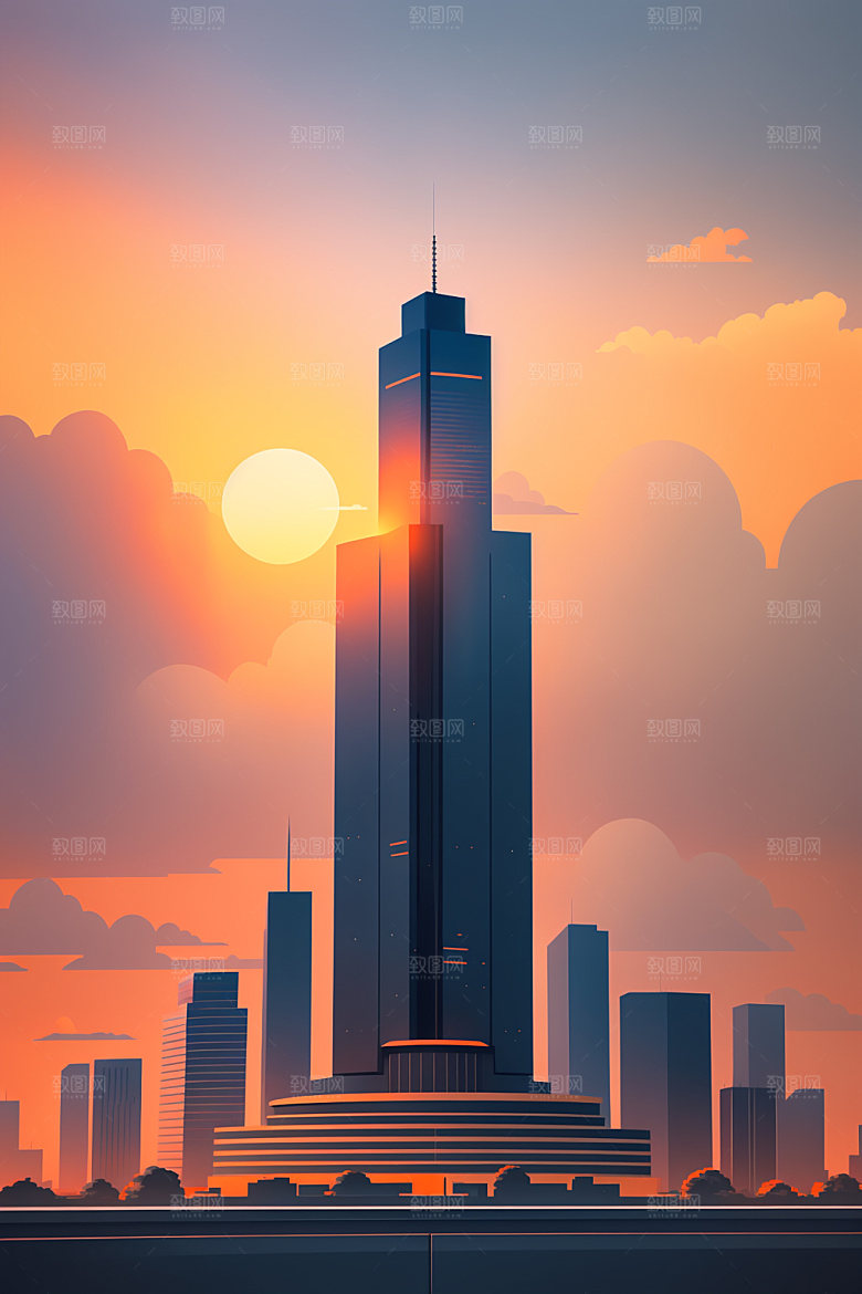城市美式大厦插画