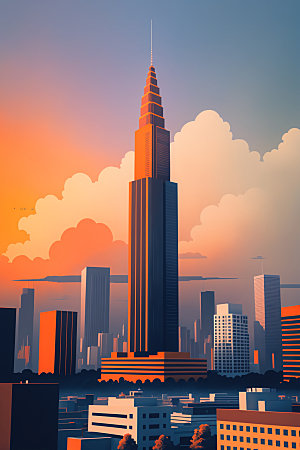 城市地标美式插画