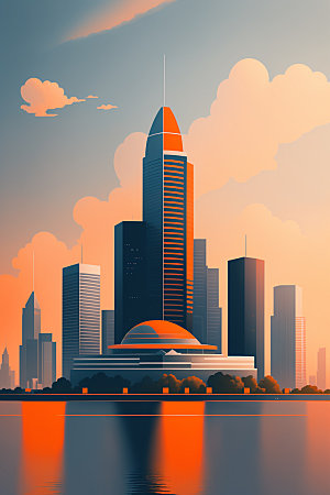 城市大厦美式插画