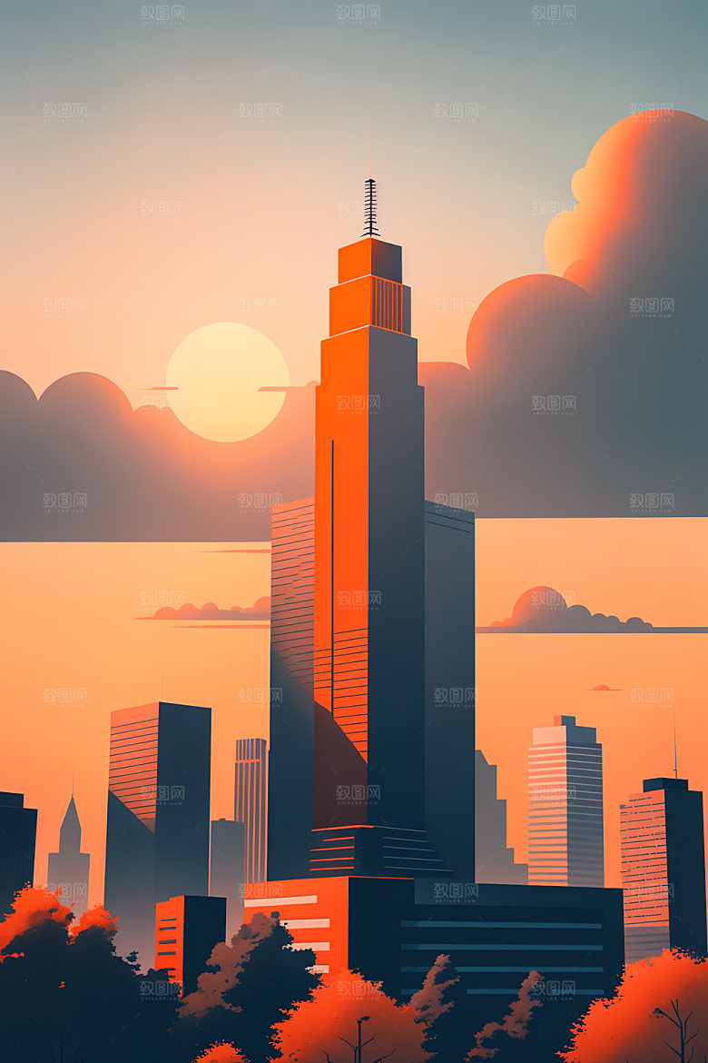 城市简约美式插画