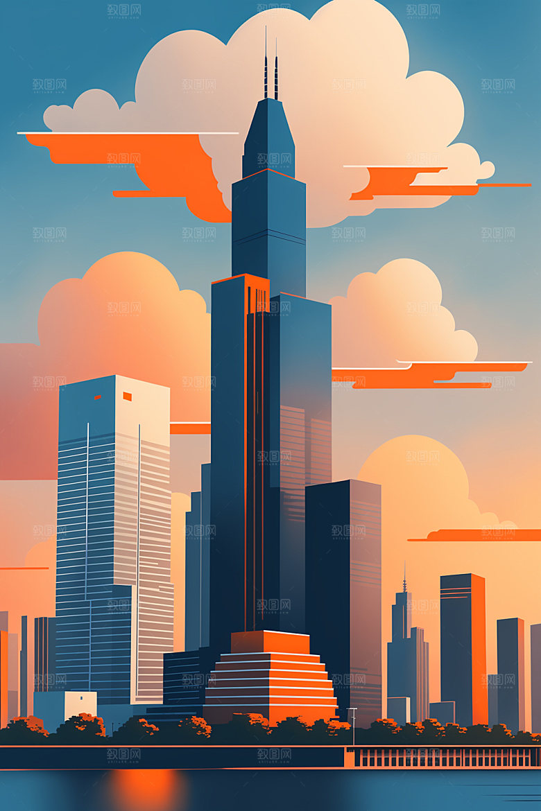 城市扁平风美式插画